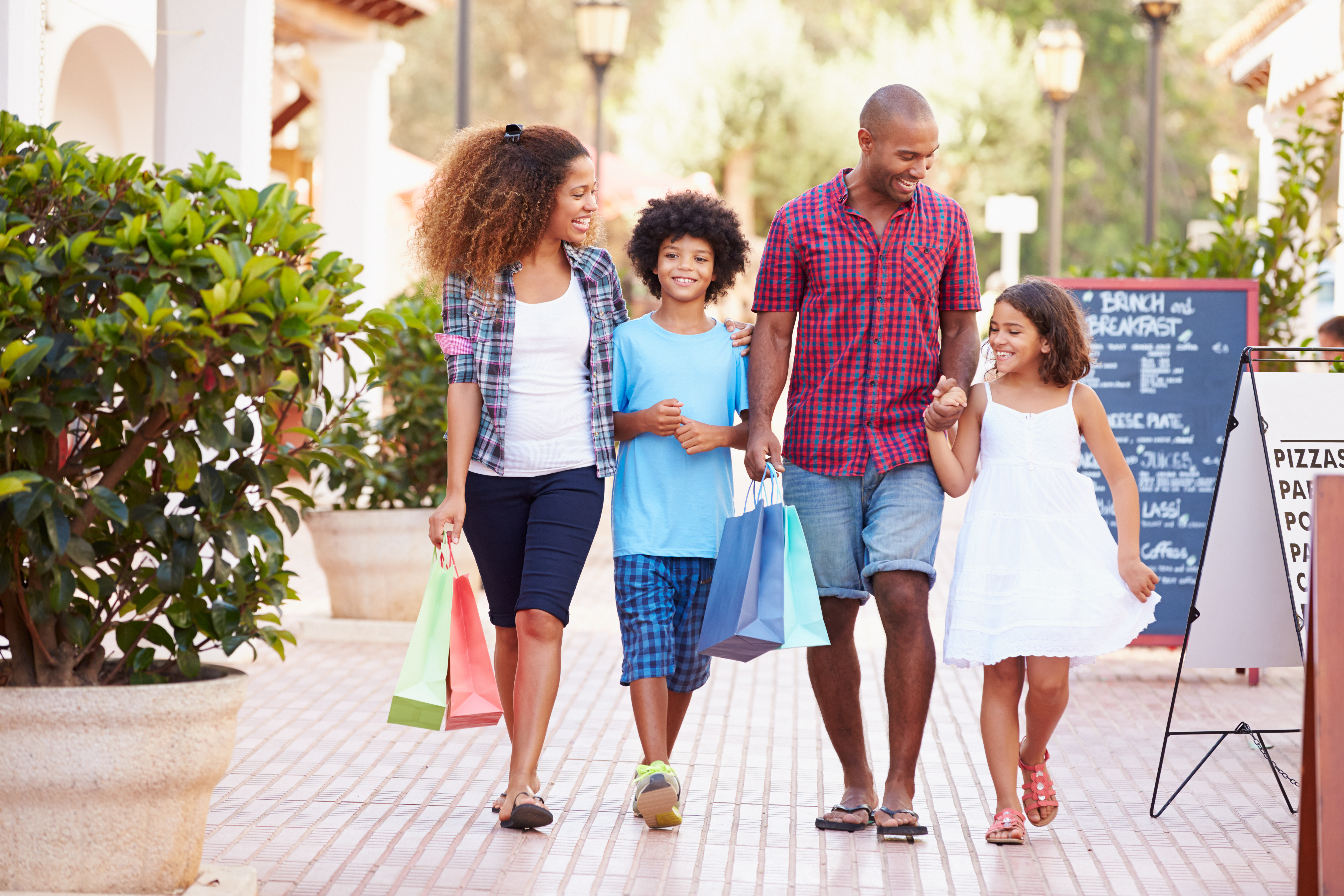 Family walking downtown